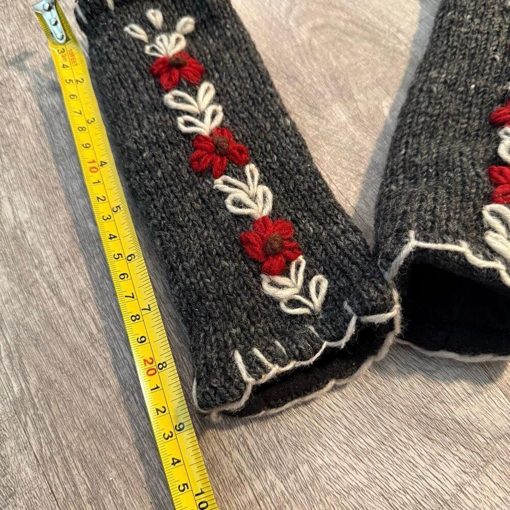 Vintage Y2K Floral Wool Lined Fingerless Grey Gray Gloves O/S Whipstitch - Picture 6 of 6